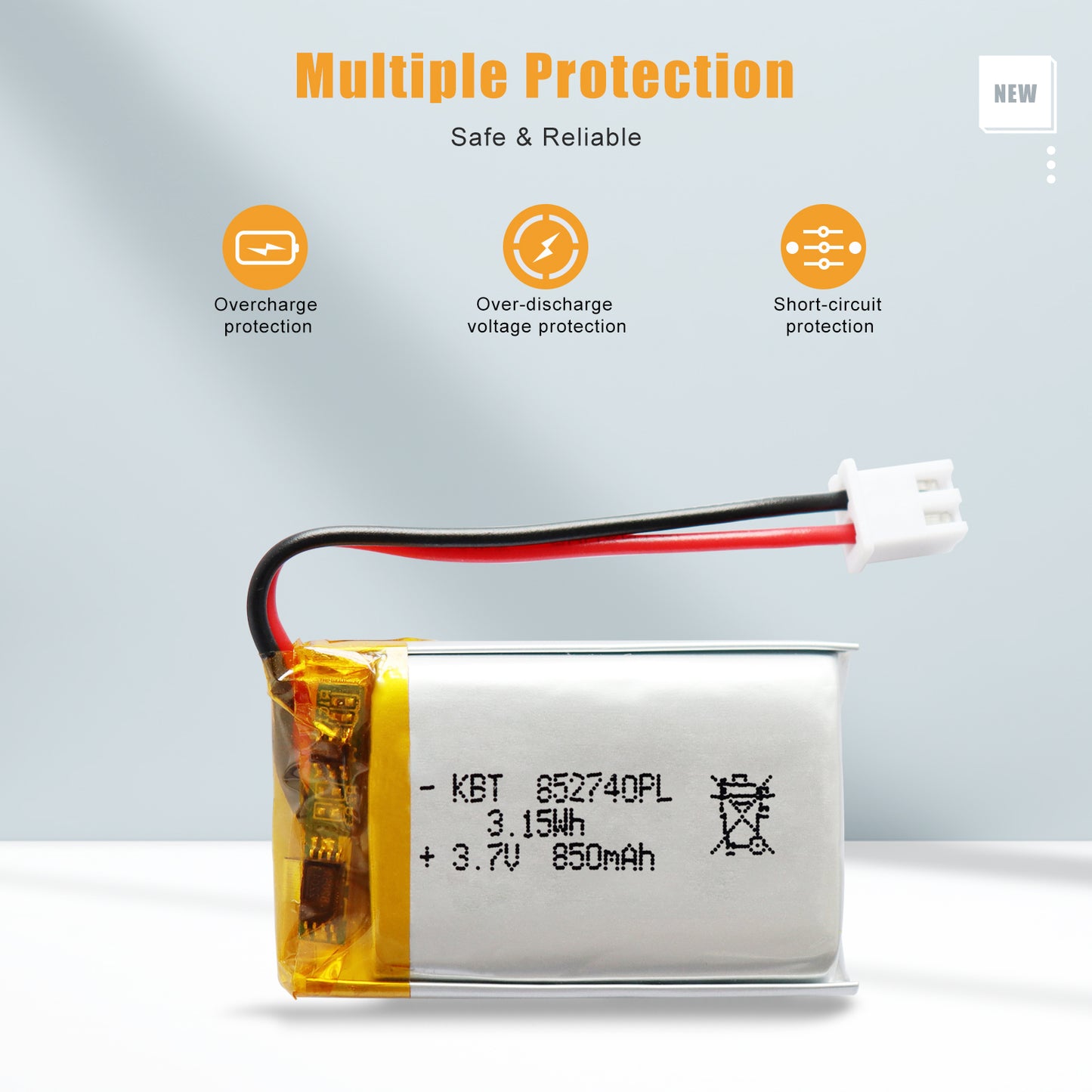 KBT 852740PL 3.7V 850mAh Li-Polymer Rechargeable Battery with 2Pin 2.54 JST Connector