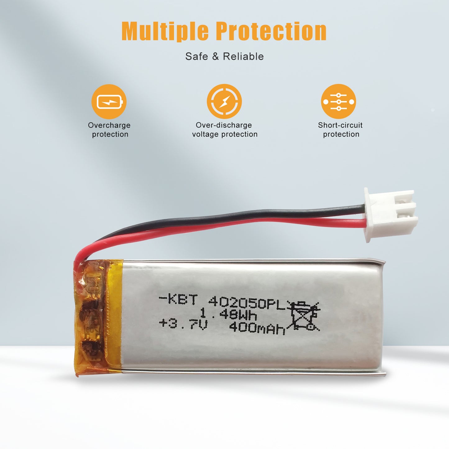 KBT 402050PL 3.7V 400mAh Li-Polymer Rechargeable Battery with 2Pin 2.54 JST Connector