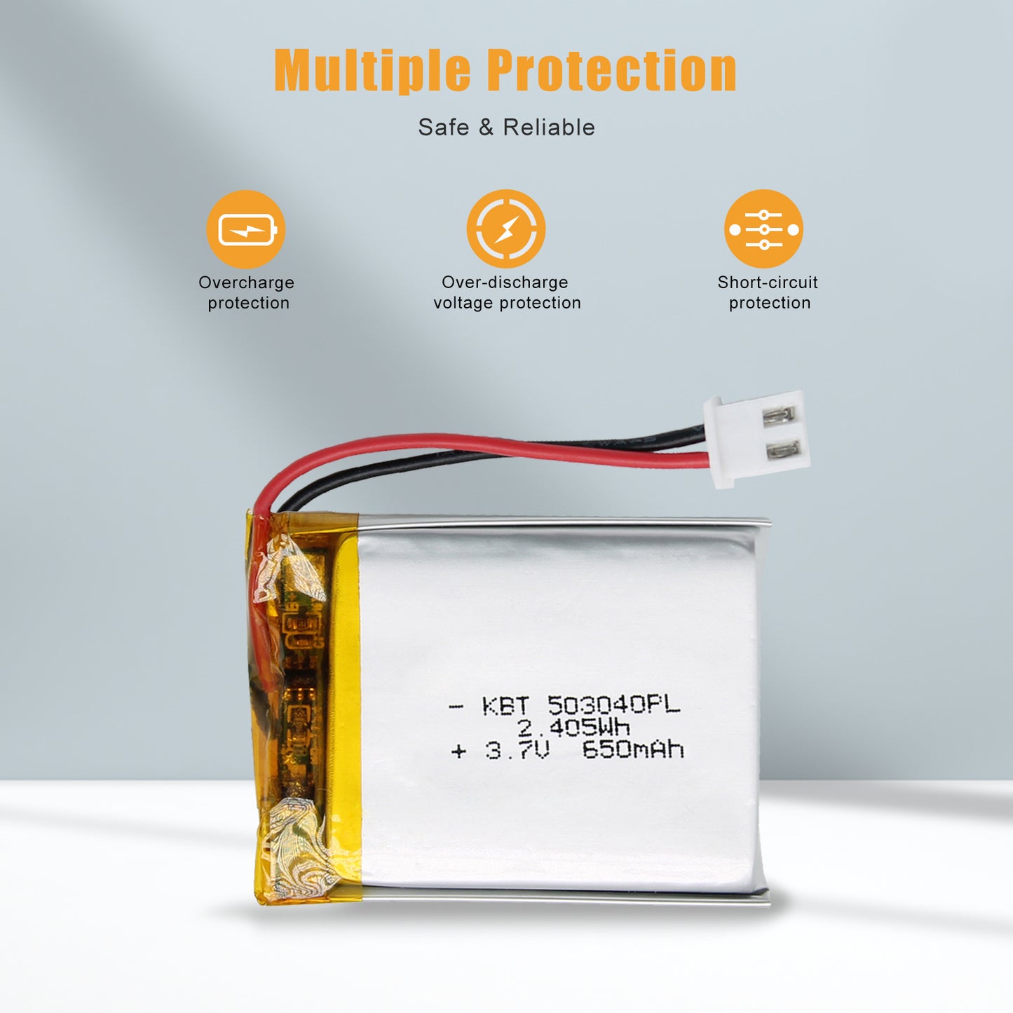 KBT 503040PL 3.7V 650mAh Li-Polymer Rechargeable Battery with 2Pin 2.54 JST Connector