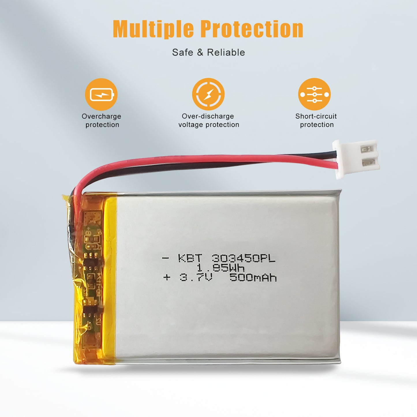 KBT 303450PL 3.7V 500mAh Li-Polymer Rechargeable Battery with 2Pin 2.54 JST Connector -2Pack