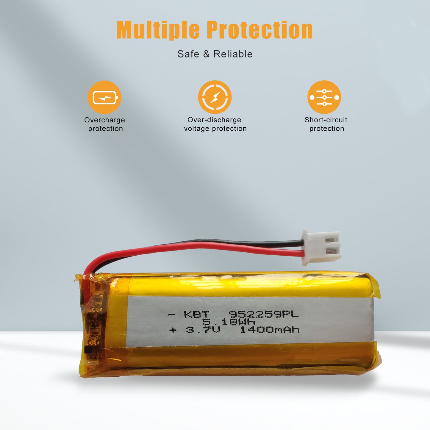 KBT 952259PL 3.7V 1400mAh Li-Polymer Rechargeable Battery with 2Pin 2.54 JST Connector