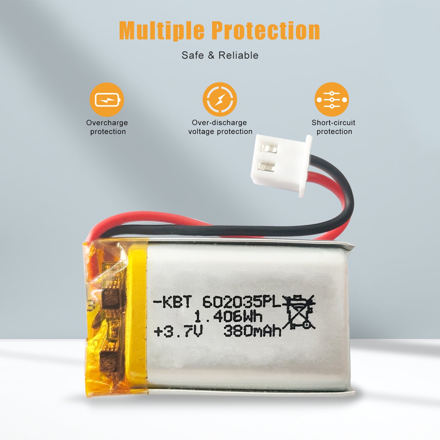 KBT 602035PL 3.7V 380mAh Li-Polymer Rechargeable Battery with 2Pin 2.54 JST Connector