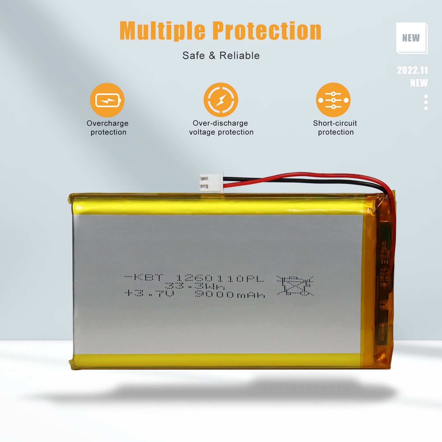 KBT 1260110PL 3.7V 9500mAh Li-Polymer Rechargeable Battery with 2Pin 2.54 JST Connector