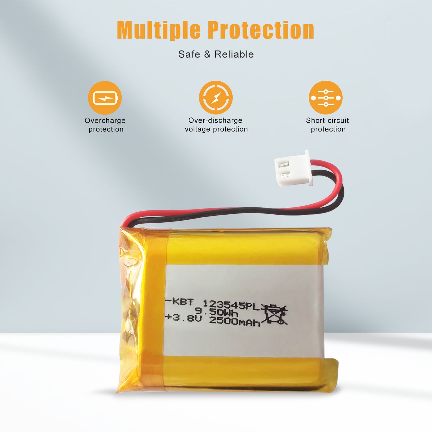 KBT 123545PL 3.8V 2500mAh Li-Polymer Rechargeable Battery with 2Pin 2.54 JST Connector