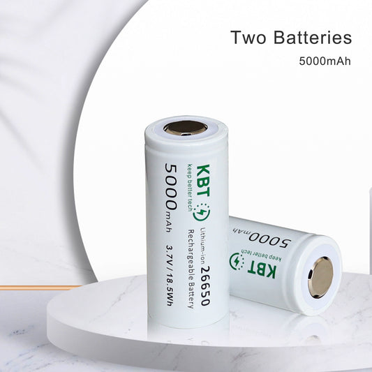 KBT 3.7V 5000mAh 266500 Rechargeable Battery, Flat Top - 2pack (Plus Flashlight)