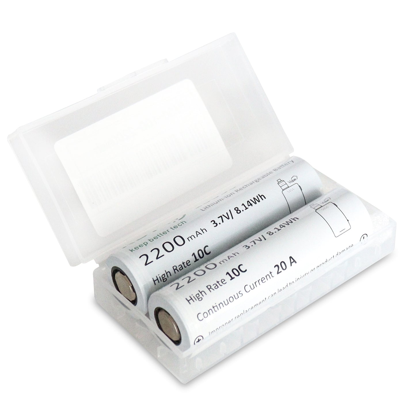 KBT 18650 Rechargeable Battery,  3.7V 2200mAh 10C Max 20A, for Vape Smoking, Flat Top - 2pack