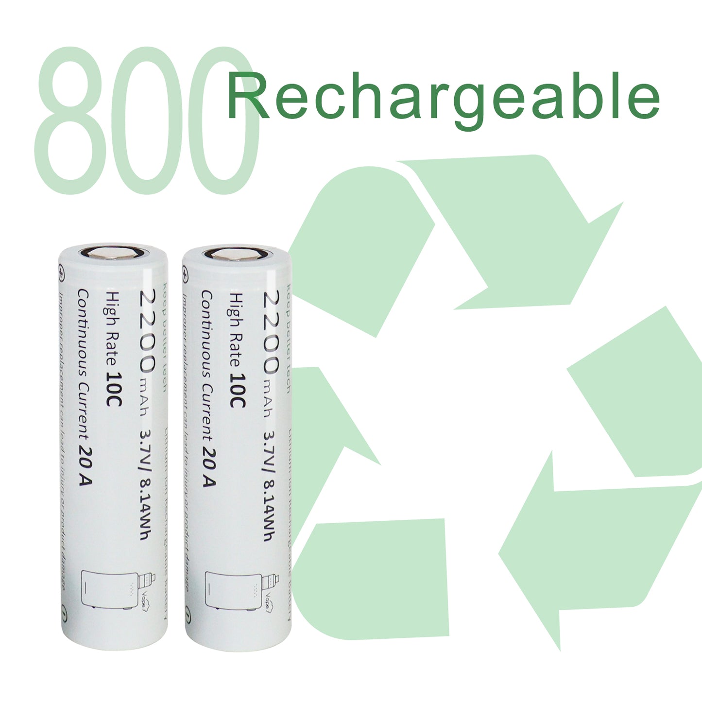 KBT 18650 Rechargeable Battery,  3.7V 2200mAh 10C Max 20A, for Vape Smoking, Flat Top - 2pack
