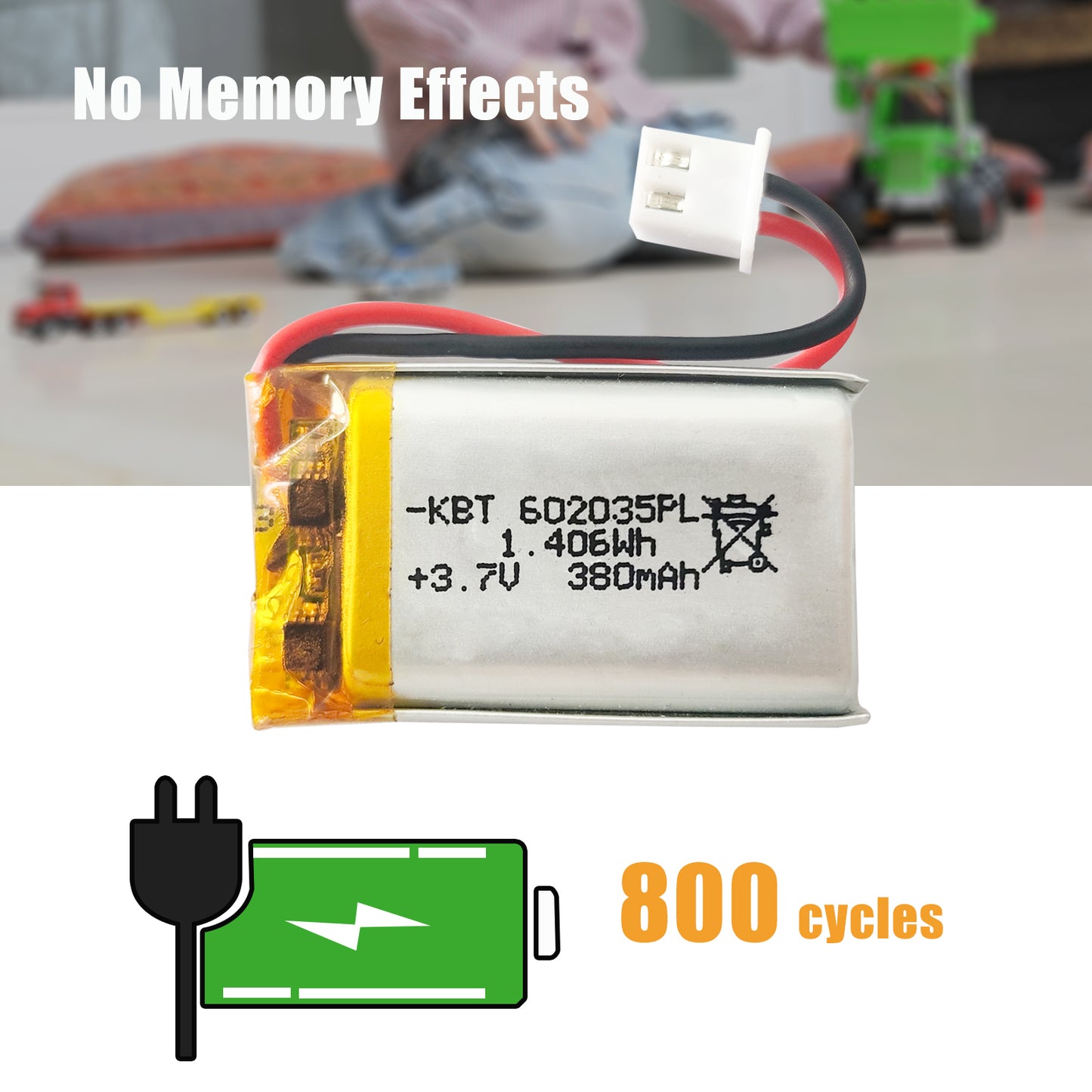 KBT 602035PL 3.7V 380mAh Li-Polymer Rechargeable Battery with 2Pin 2.54 JST Connector