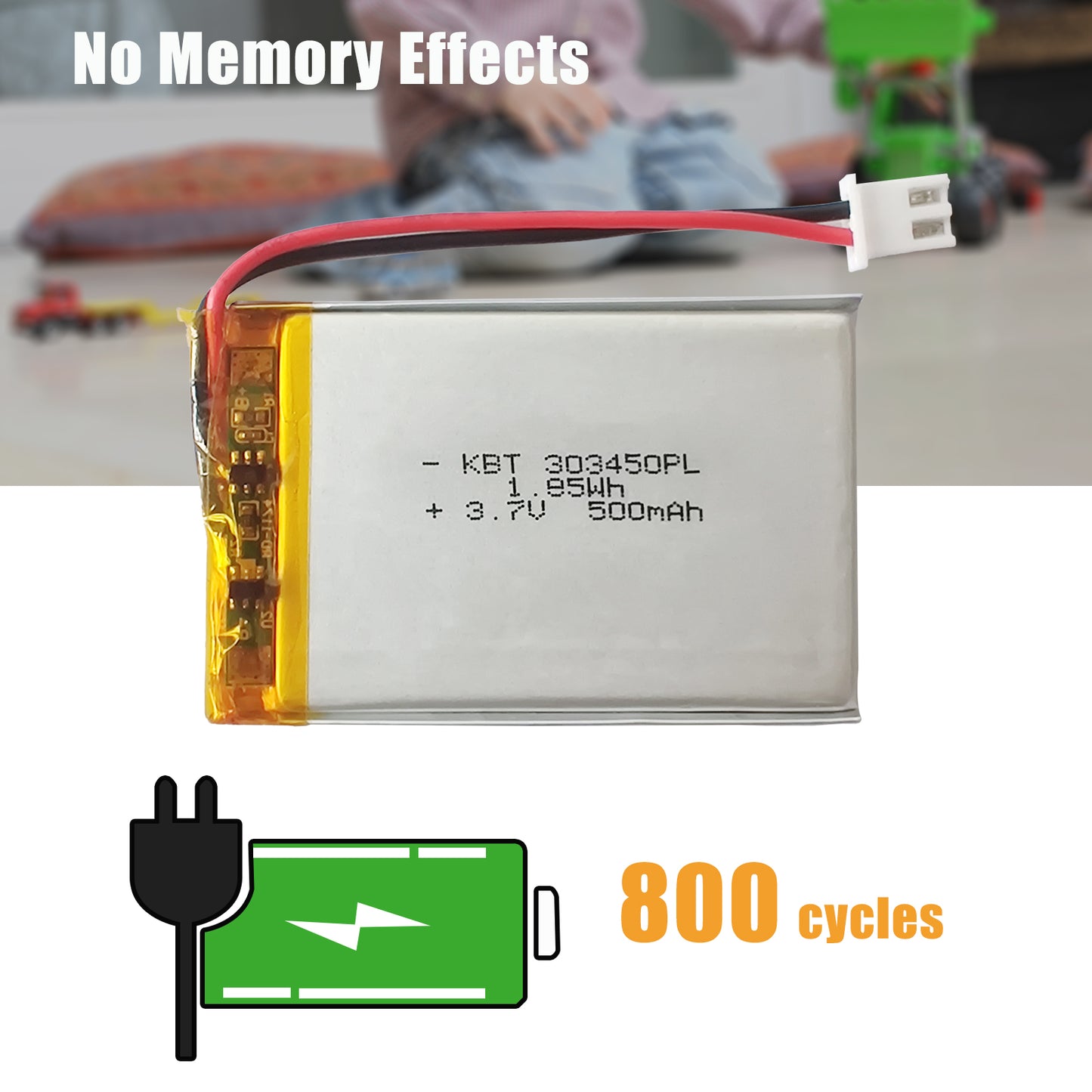 KBT 303450PL 3.7V 500mAh Li-Polymer Rechargeable Battery with 2Pin 2.54 JST Connector -2Pack