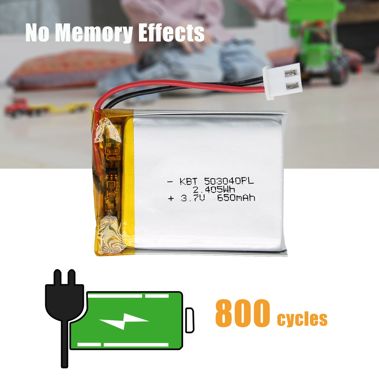 KBT 503040PL 3.7V 650mAh Li-Polymer Rechargeable Battery with 2Pin 2.54 JST Connector