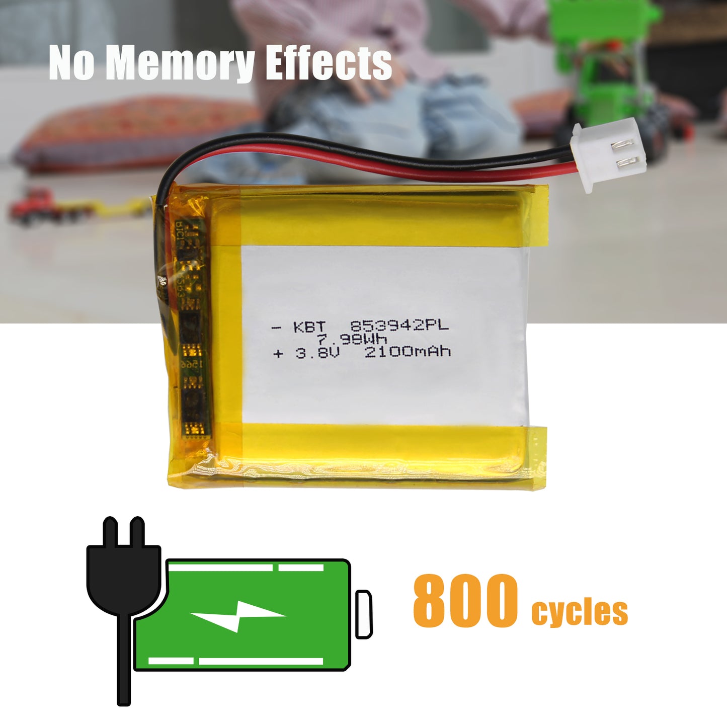 KBT 853942PL 3.7V 2100mAh Li-Polymer Rechargeable Battery with 2Pin 2.54 JST Connector