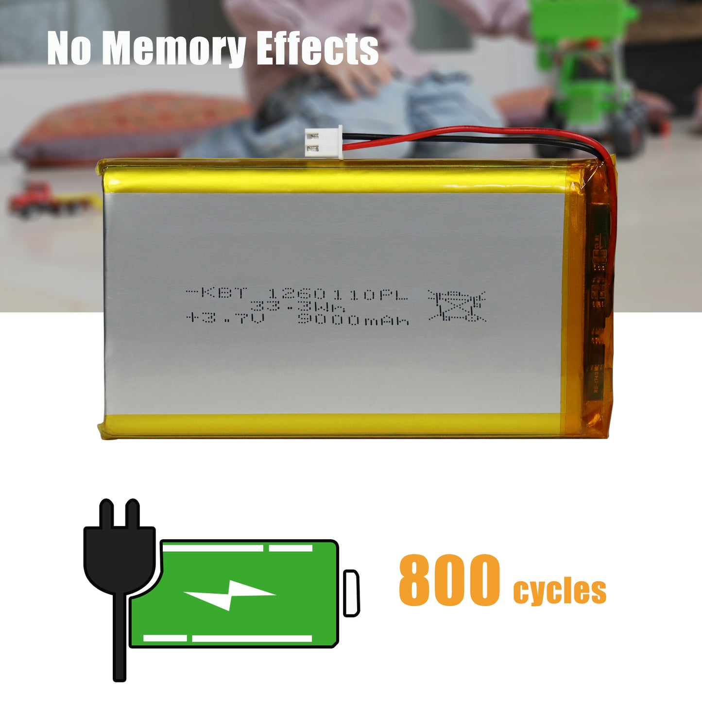 KBT 1260110PL 3.7V 9500mAh Li-Polymer Rechargeable Battery with 2Pin 2.54 JST Connector