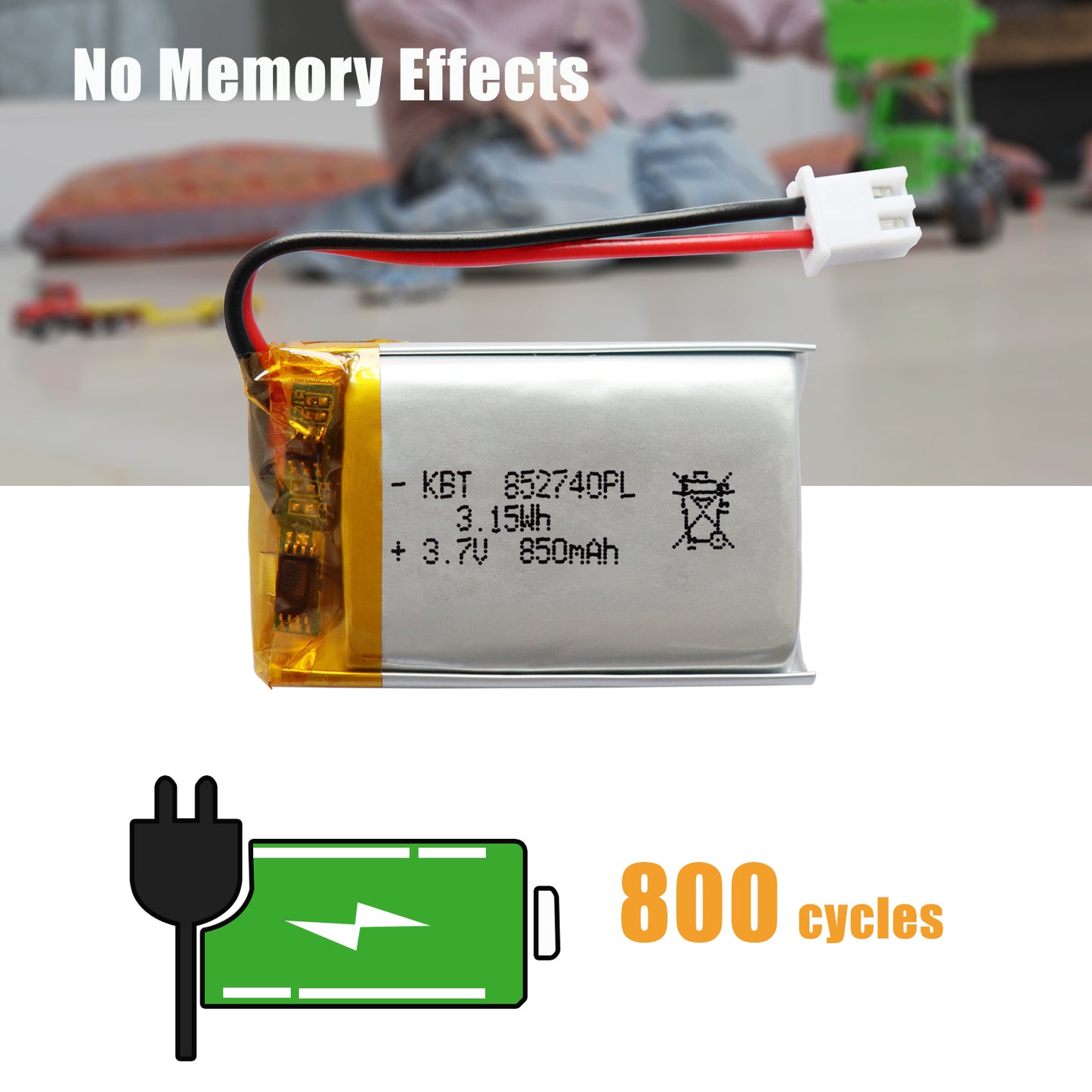 KBT 852740PL 3.7V 850mAh Li-Polymer Rechargeable Battery with 2Pin 2.54 JST Connector