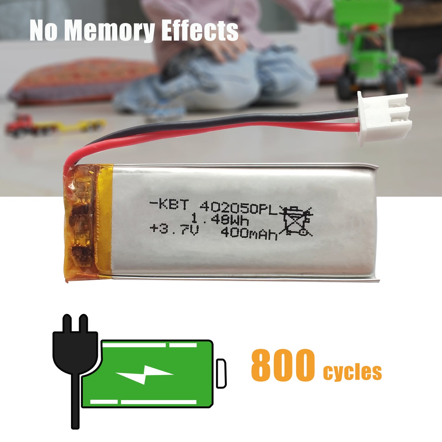 KBT 402050PL 3.7V 400mAh Li-Polymer Rechargeable Battery with 2Pin 2.54 JST Connector