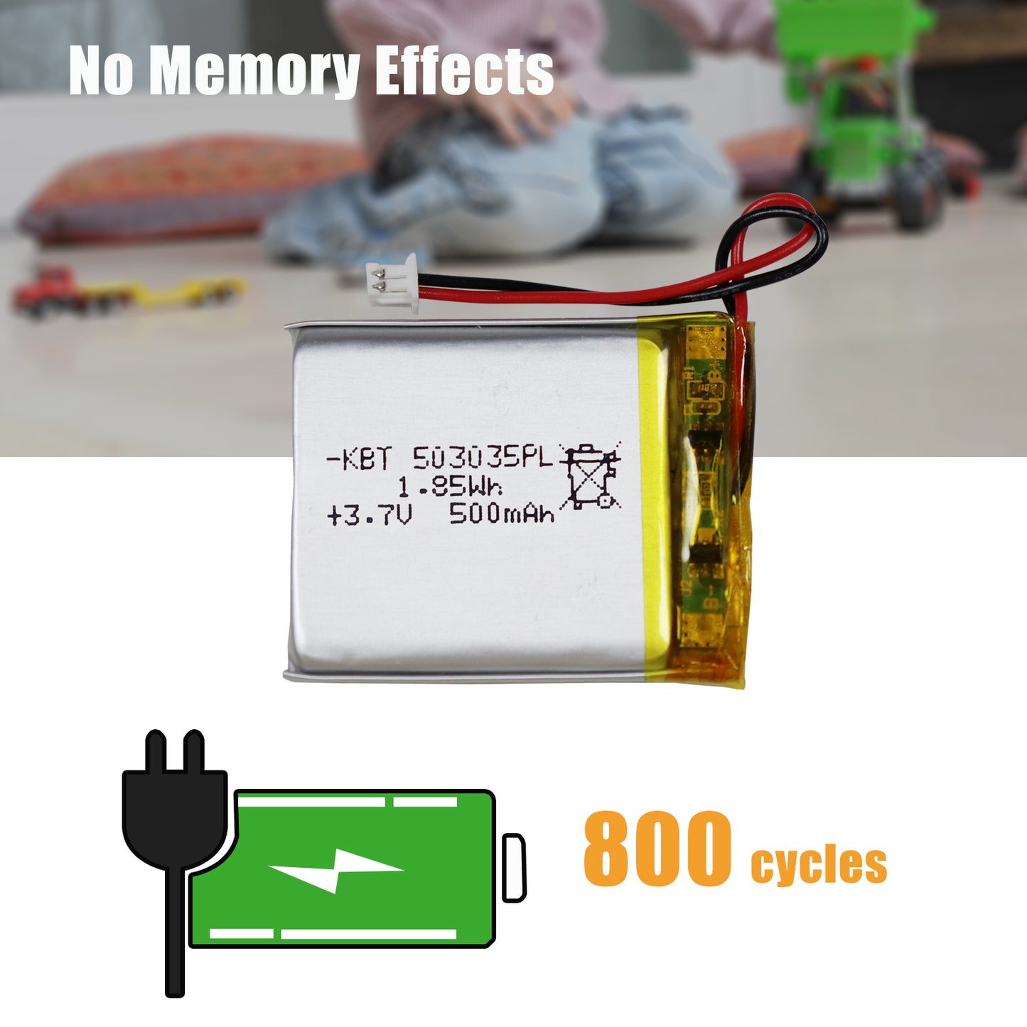 KBT 503035PL 3.7V 500mAh Li-Polymer Rechargeable Battery with 2Pin 1.25 JST Connector