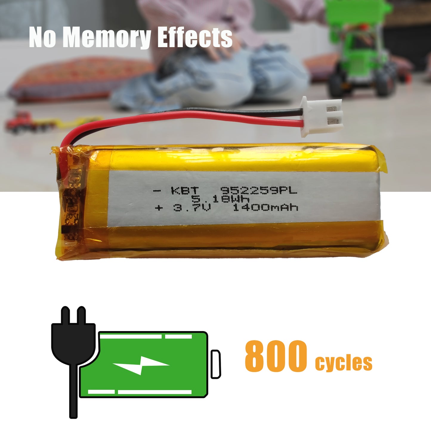KBT 952259PL 3.7V 1400mAh Li-Polymer Rechargeable Battery with 2Pin 2.54 JST Connector