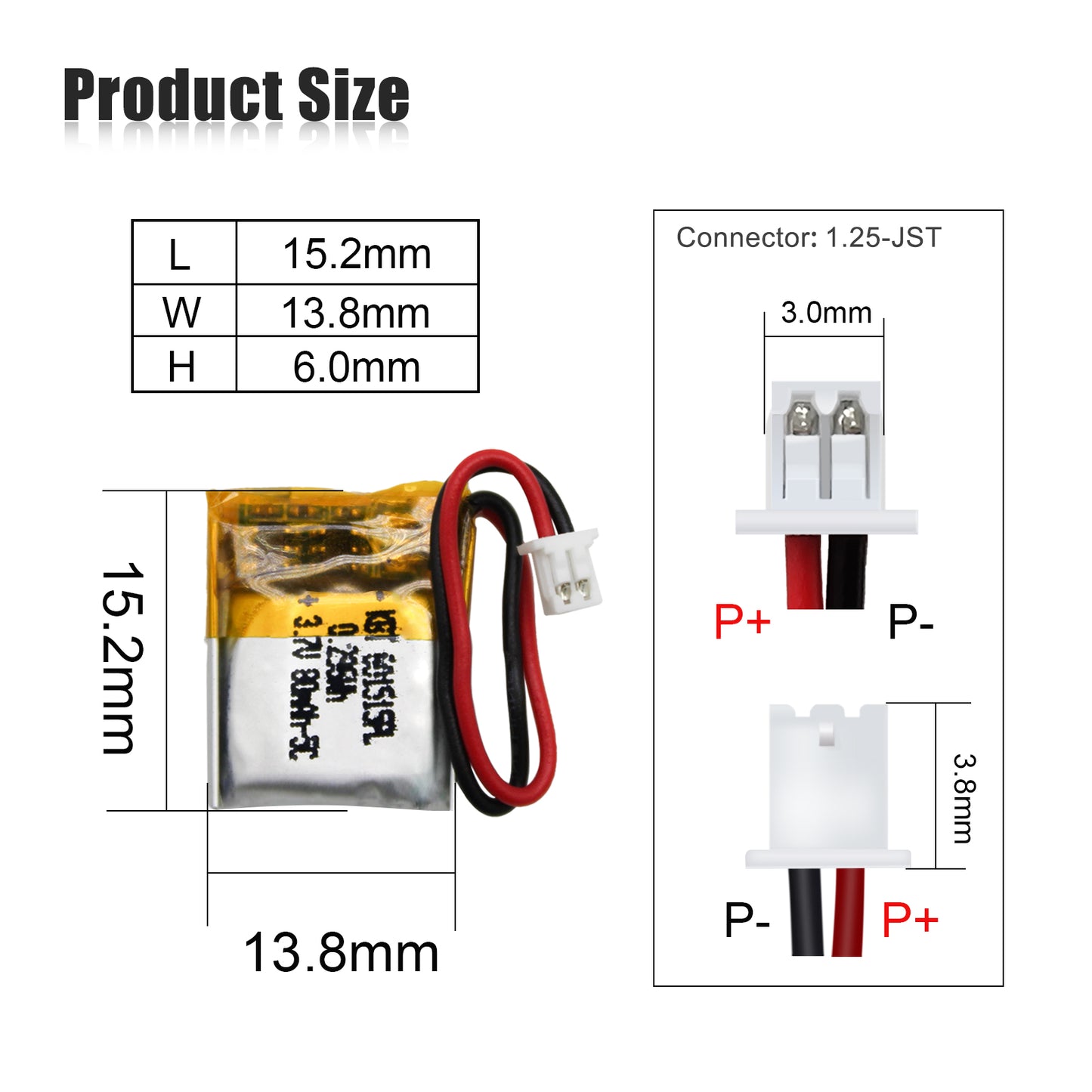 KBT 601515PL 3.7V 80mAh Li-Polymer Rechargeable Battery 5C Rate with 2Pin 1.25 JST Connector 2 Pack