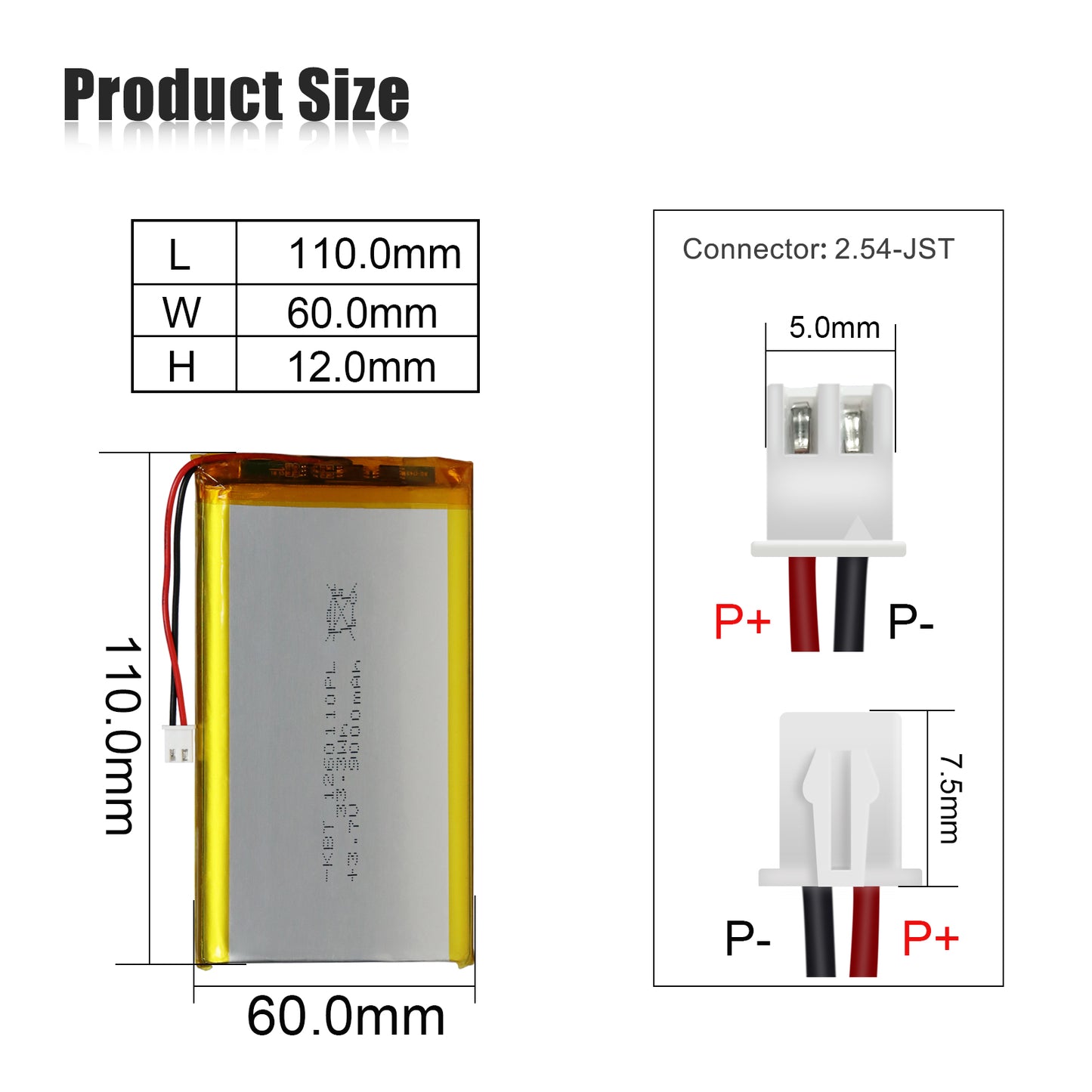 KBT 1260110PL 3.7V 9500mAh Li-Polymer Rechargeable Battery with 2Pin 2.54 JST Connector
