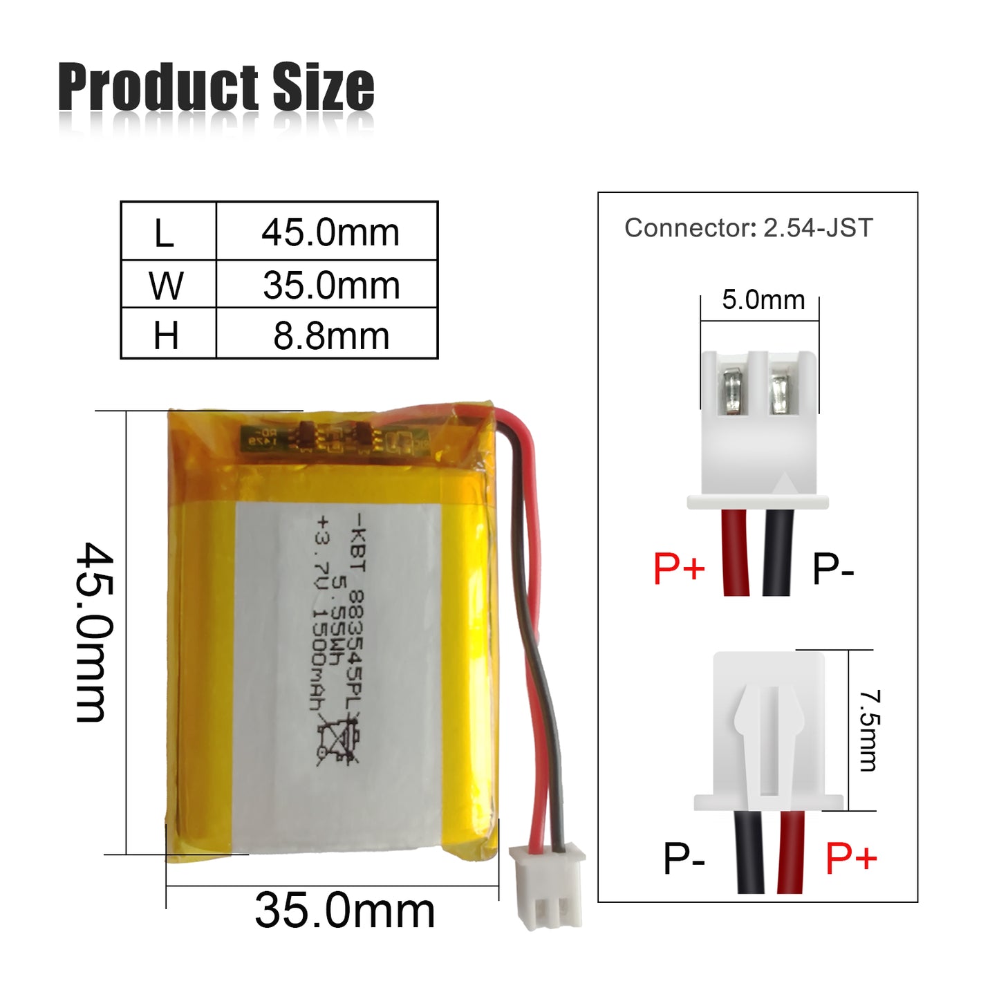 KBT 883545PL 3.7V 1500mAh Li-Polymer Rechargeable Battery with 2Pin 2.54 JST Connector
