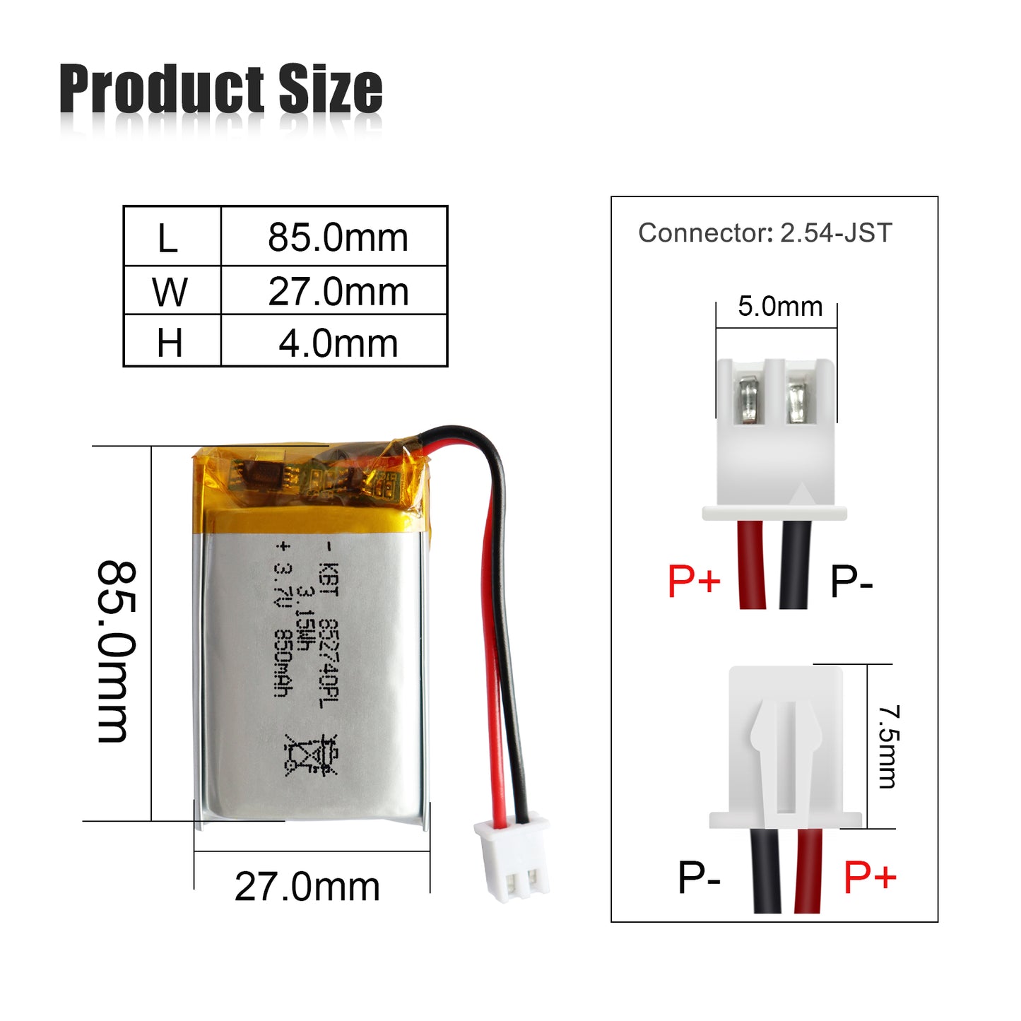 KBT 852740PL 3.7V 850mAh Li-Polymer Rechargeable Battery with 2Pin 2.54 JST Connector