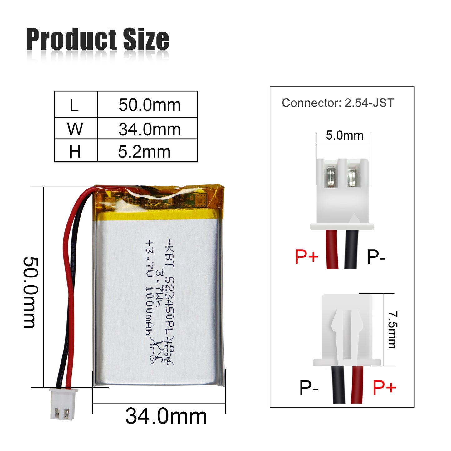 KBT 523450PL 3.7V 1000mAh Li-Polymer Rechargeable Battery with 2Pin 2.54 JST Connector