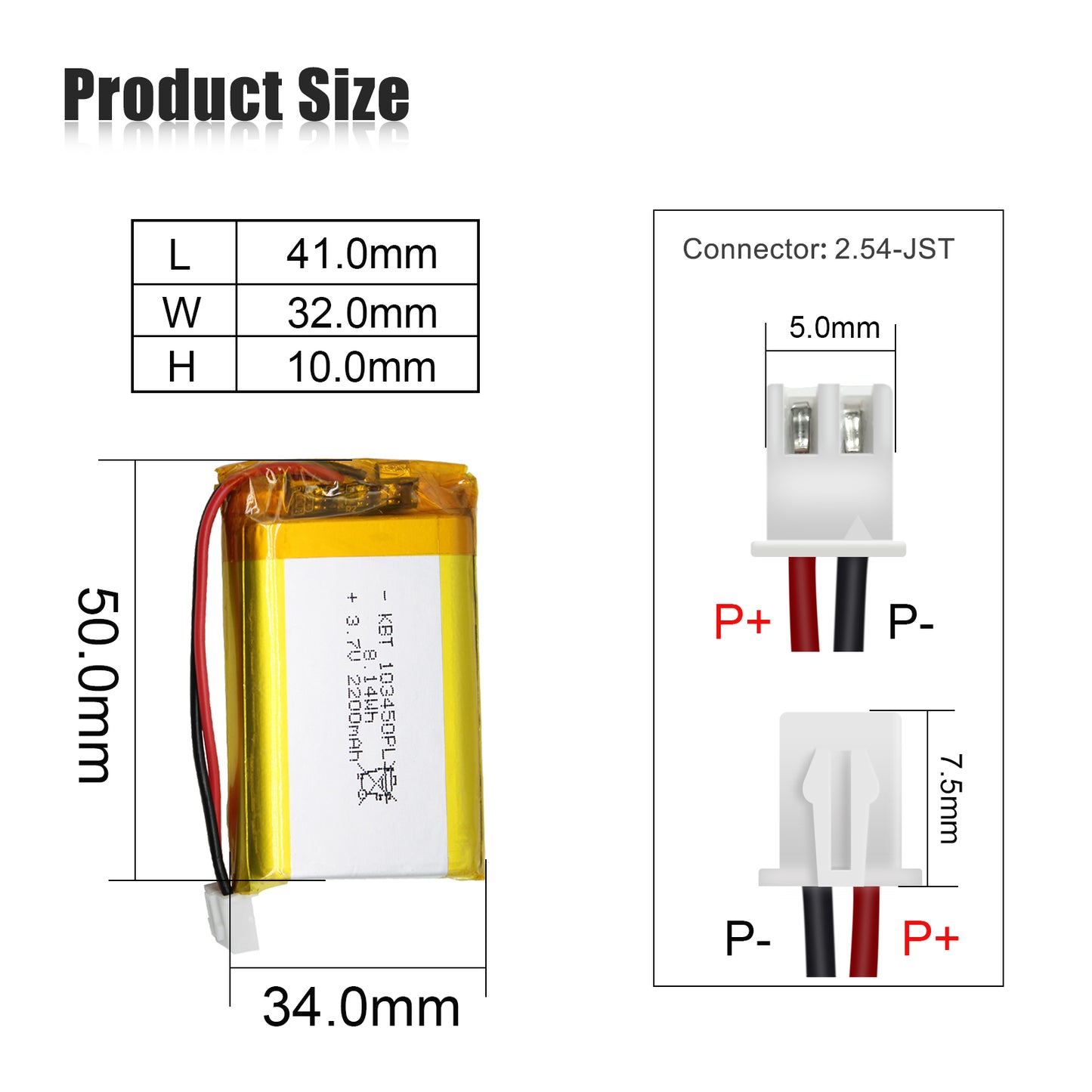 KBT 103450PL 3.7V 2200mAh Li-Polymer Rechargeable Battery with 2Pin 2.54 JST Connector
