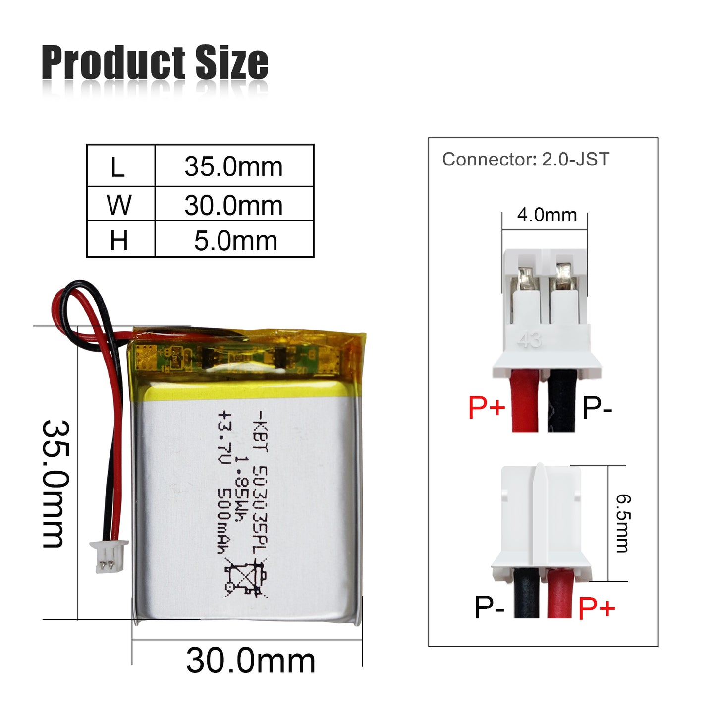 KBT 503035PL 3.7V 500mAh Li-Polymer Rechargeable Battery with 2Pin 1.25 JST Connector