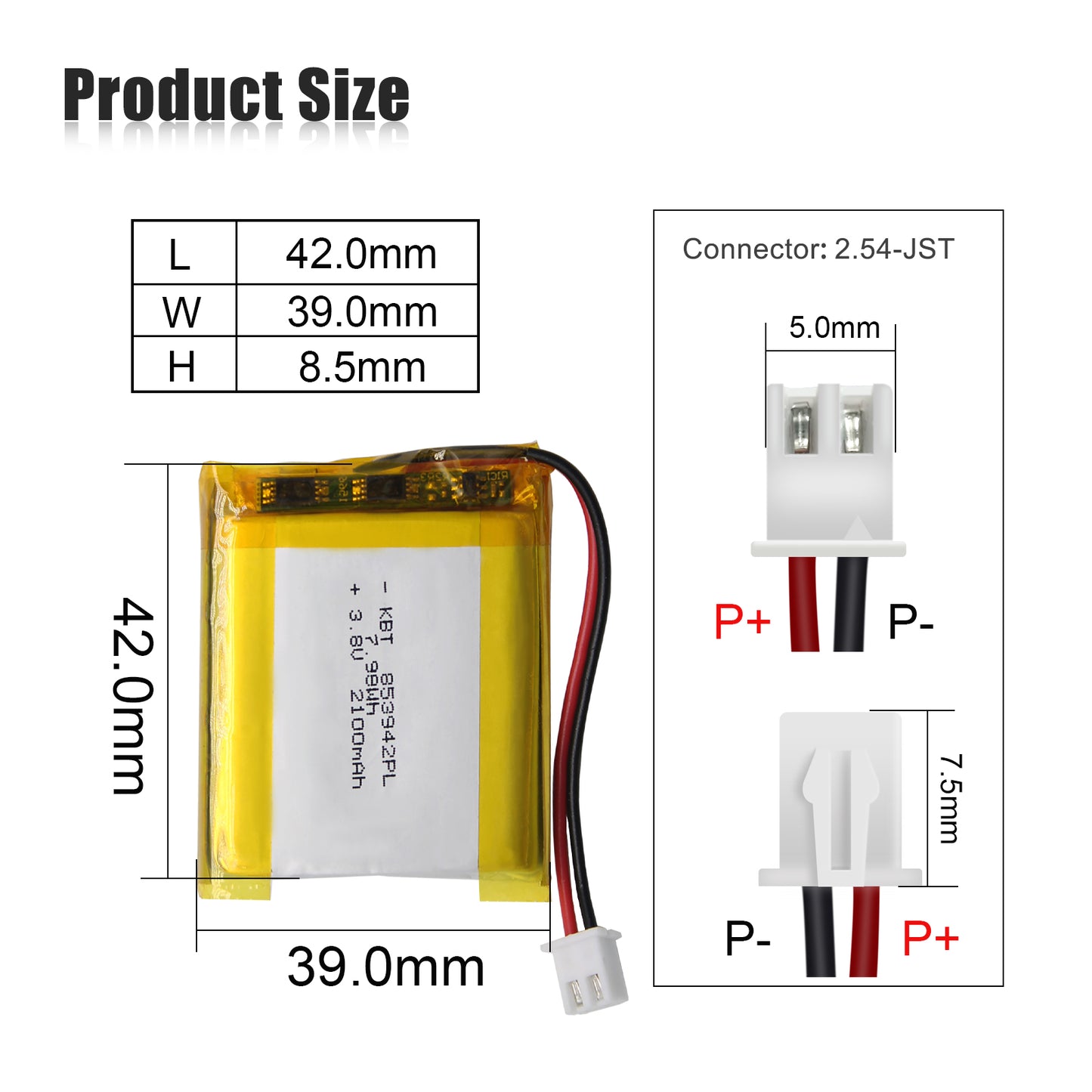 KBT 853942PL 3.7V 2100mAh Li-Polymer Rechargeable Battery with 2Pin 2.54 JST Connector