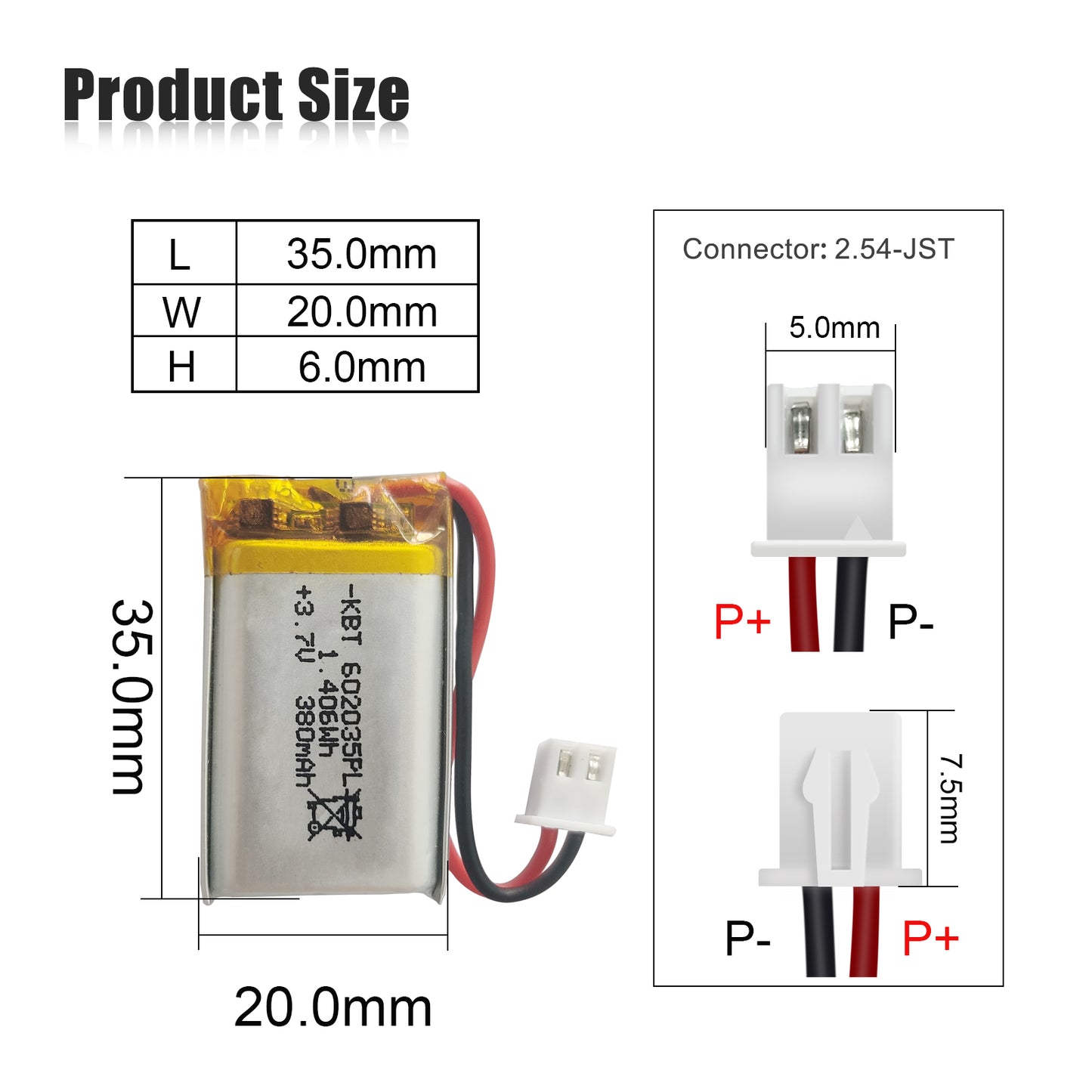 KBT 602035PL 3.7V 380mAh Li-Polymer Rechargeable Battery with 2Pin 2.54 JST Connector