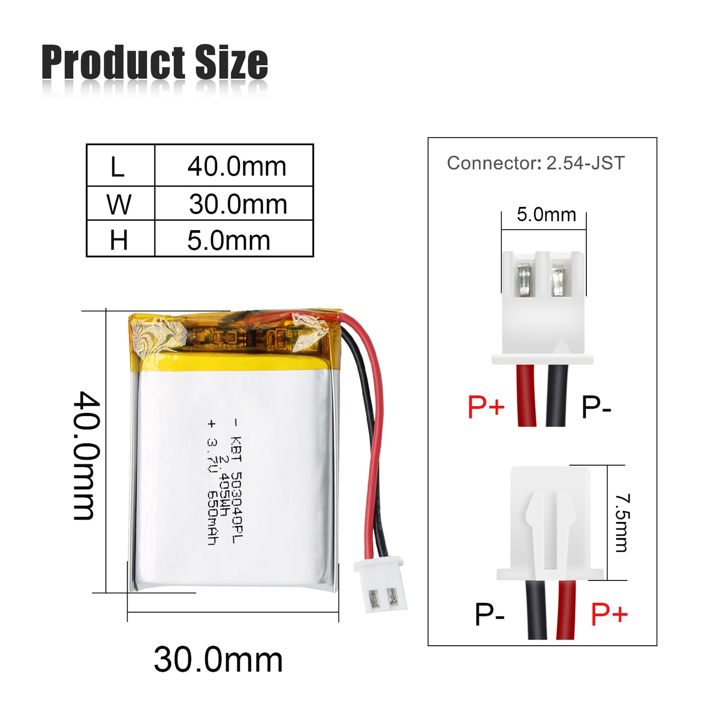 KBT 503040PL 3.7V 650mAh Li-Polymer Rechargeable Battery with 2Pin 2.54 JST Connector