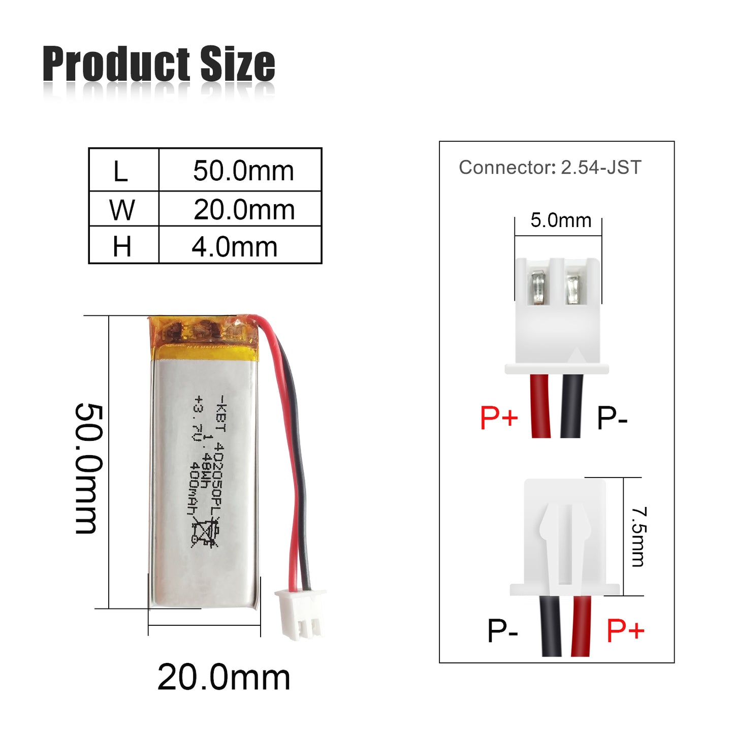 KBT 402050PL 3.7V 400mAh Li-Polymer Rechargeable Battery with 2Pin 2.54 JST Connector