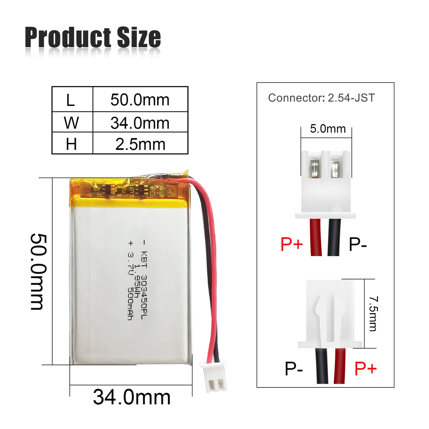 KBT 303450PL 3.7V 500mAh Li-Polymer Rechargeable Battery with 2Pin 2.54 JST Connector -2Pack