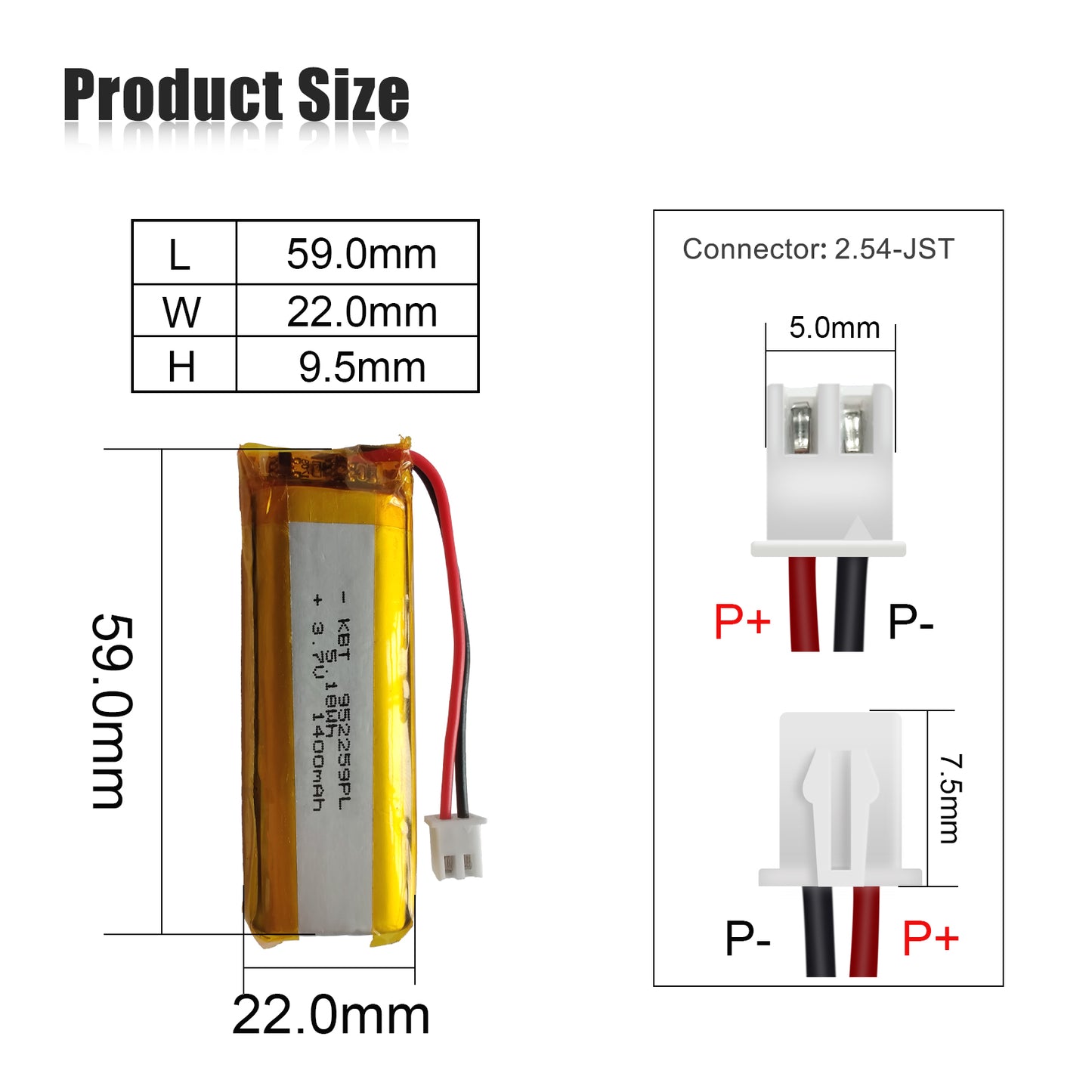 KBT 952259PL 3.7V 1400mAh Li-Polymer Rechargeable Battery with 2Pin 2.54 JST Connector